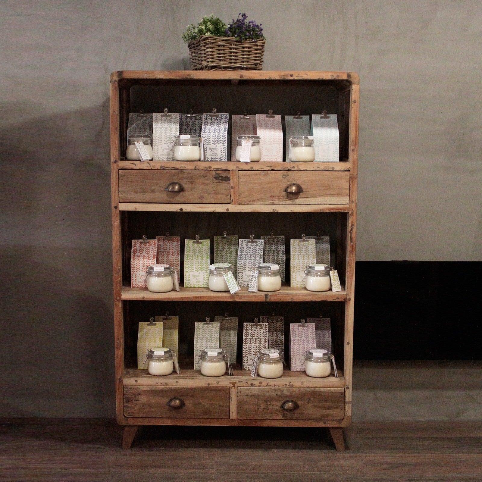 Handcrafted Recycled Wood Shelf Display with 3 Shelves and 4 Drawers - Bali Collection