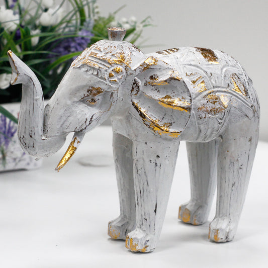 Handcrafted Wood Carved Elephant in White Gold - Bali Collection