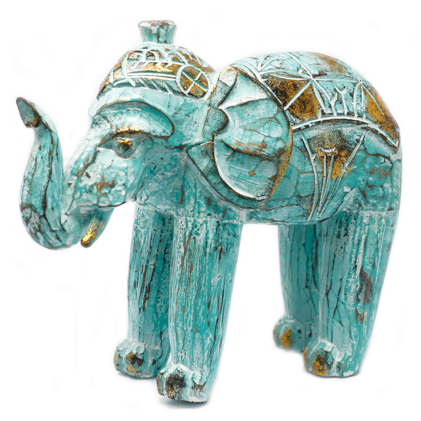 Handcrafted Wood Carved Elephant in Turquoise Gold - Bali Collection