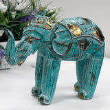 Handcrafted Wood Carved Elephant in Turquoise Gold - Bali Collection