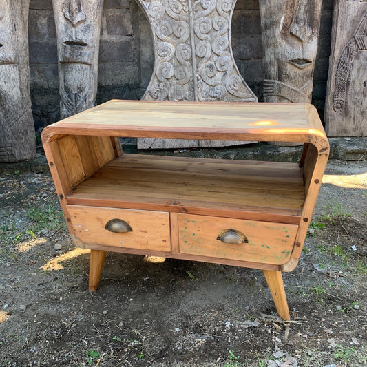 Handcrafted Small Round TV Stand with 2 Drawers in Recycled Teak Wood - Bali Collection