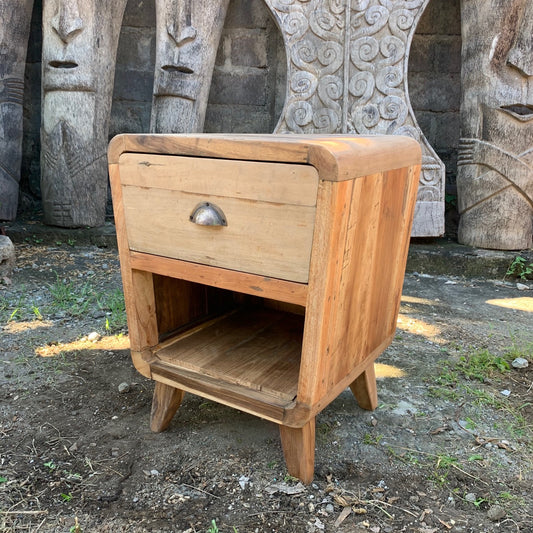 Handcrafted Round One-Drawer Bedside Table in Recycled Teak Wood - Bali Collection