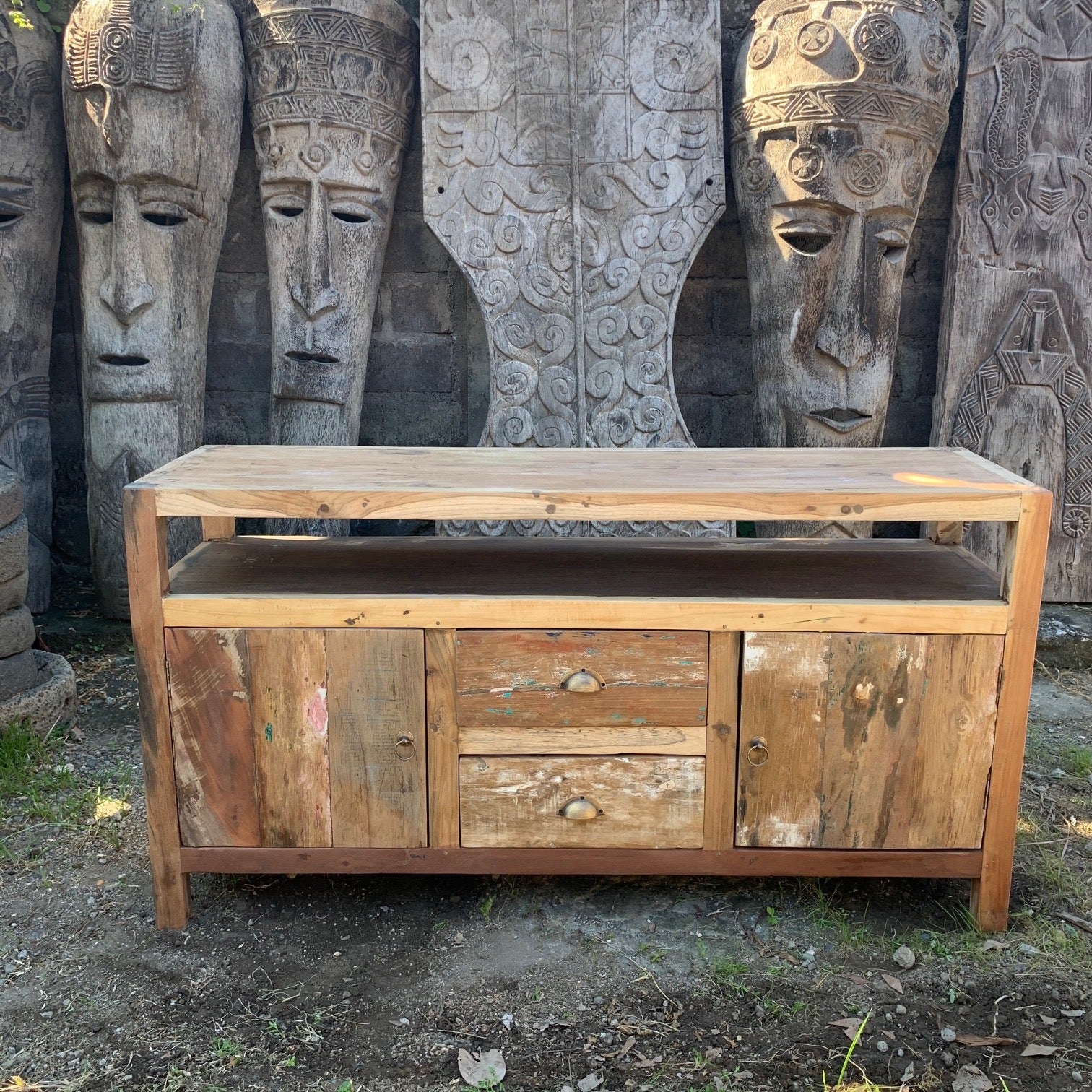 Handcrafted Large TV Stand in Recycled Teak Wood with Storage - Bali Collection