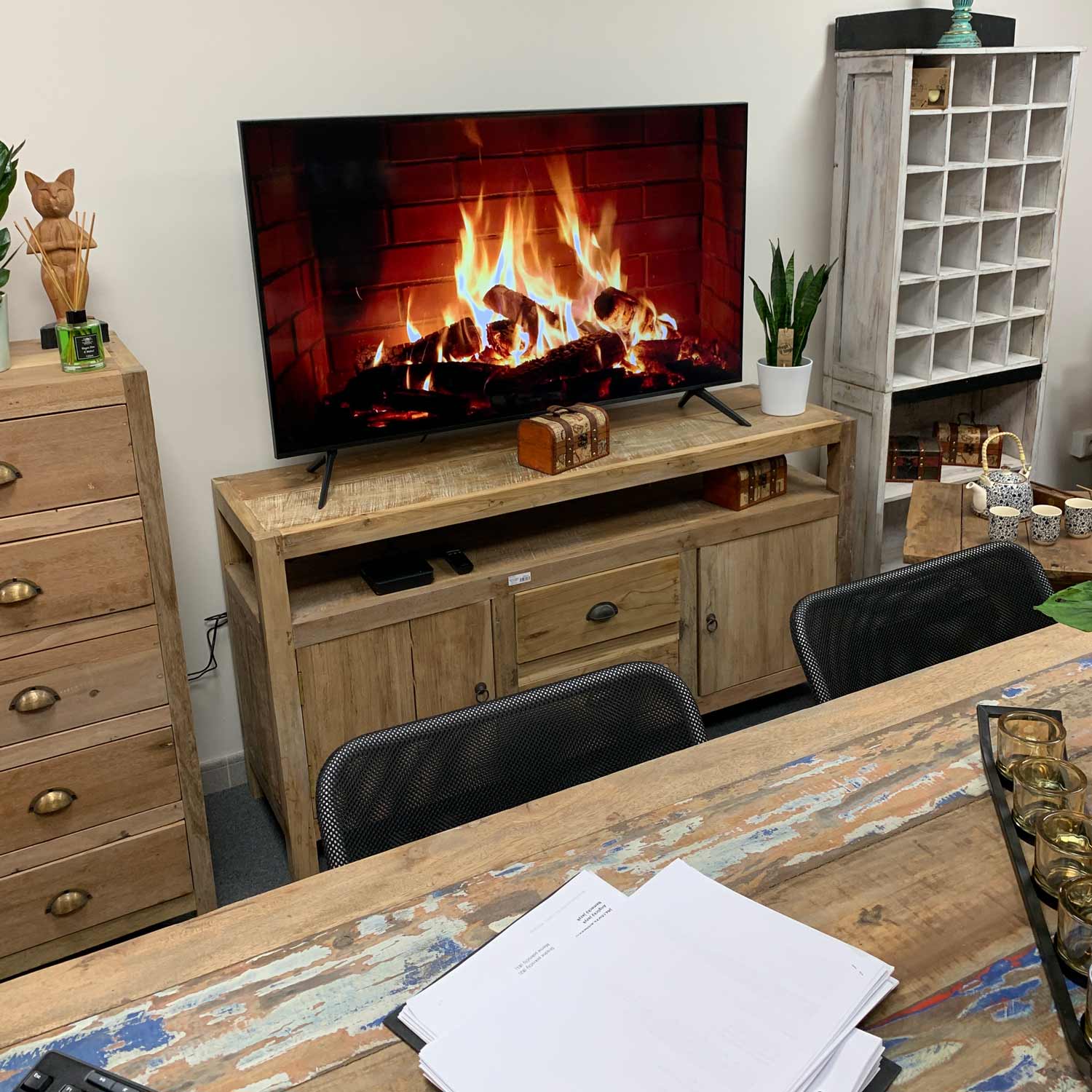 Handcrafted Large TV Stand in Recycled Teak Wood with Storage - Bali Collection