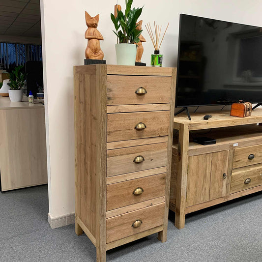 Handcrafted Tall Chest of 5 Drawers in Recycled Teak Wood - Bali Collection