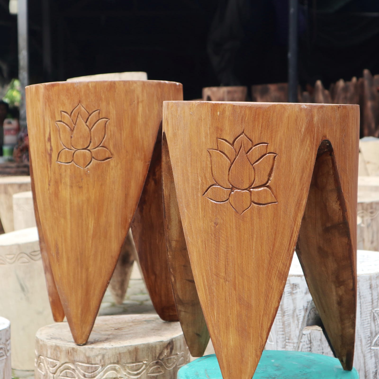 Handcrafted Interlocking Natural Table or Stool Set in Albasia Wood - Bali Collection