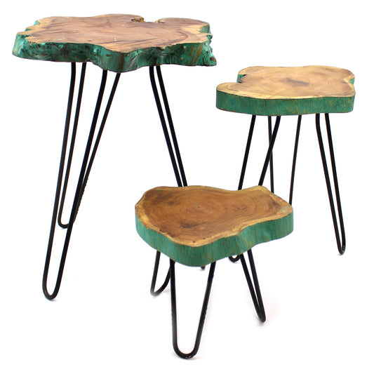 Handcrafted Set of 3 Gamal Wood Plant Stands with Greenwash Finish - Bali Collection