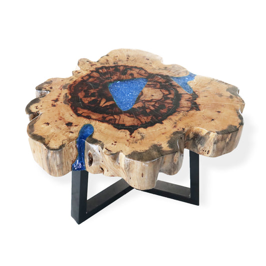 Handcrafted Tamarind and Sky Blue Resin Coffee Table with Metal Legs - Bali Collection