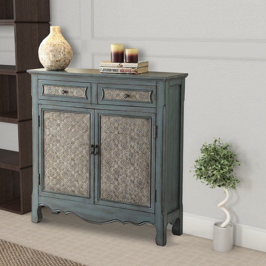 Scalloped Floral Apron Cabinet with Distressed Blue Finish