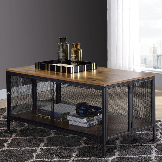 Metal Coffee Table with Bottom Shelf and Mesh Design