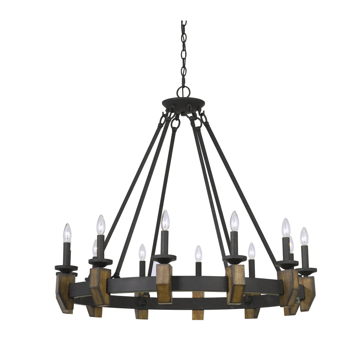 Rustic Wagon Wheel Chandelier with 12 Candle Lights and Wood Accents