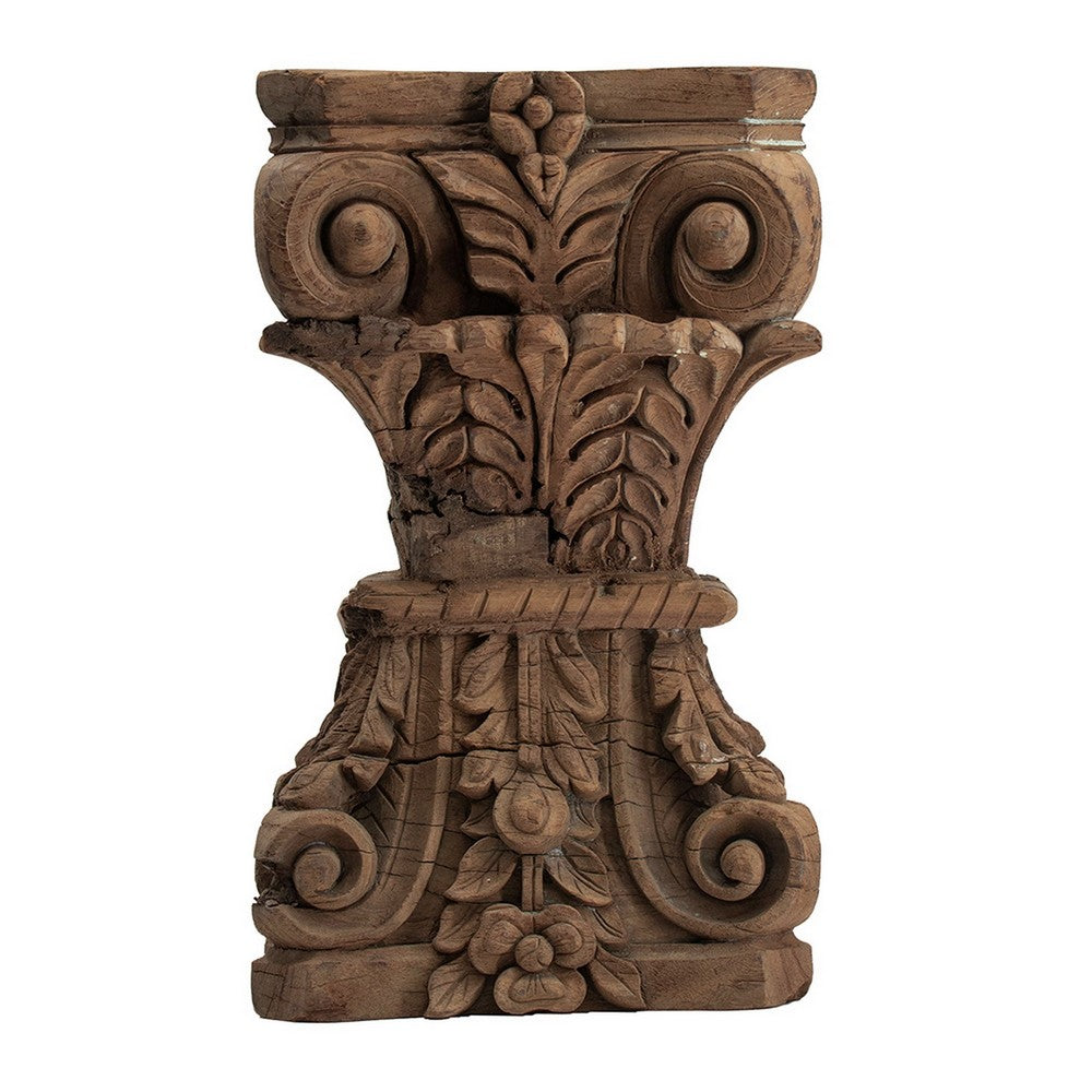 Handcrafted 19 Inch Carved Pillar Accent Stool Table - Traditional Wood Design