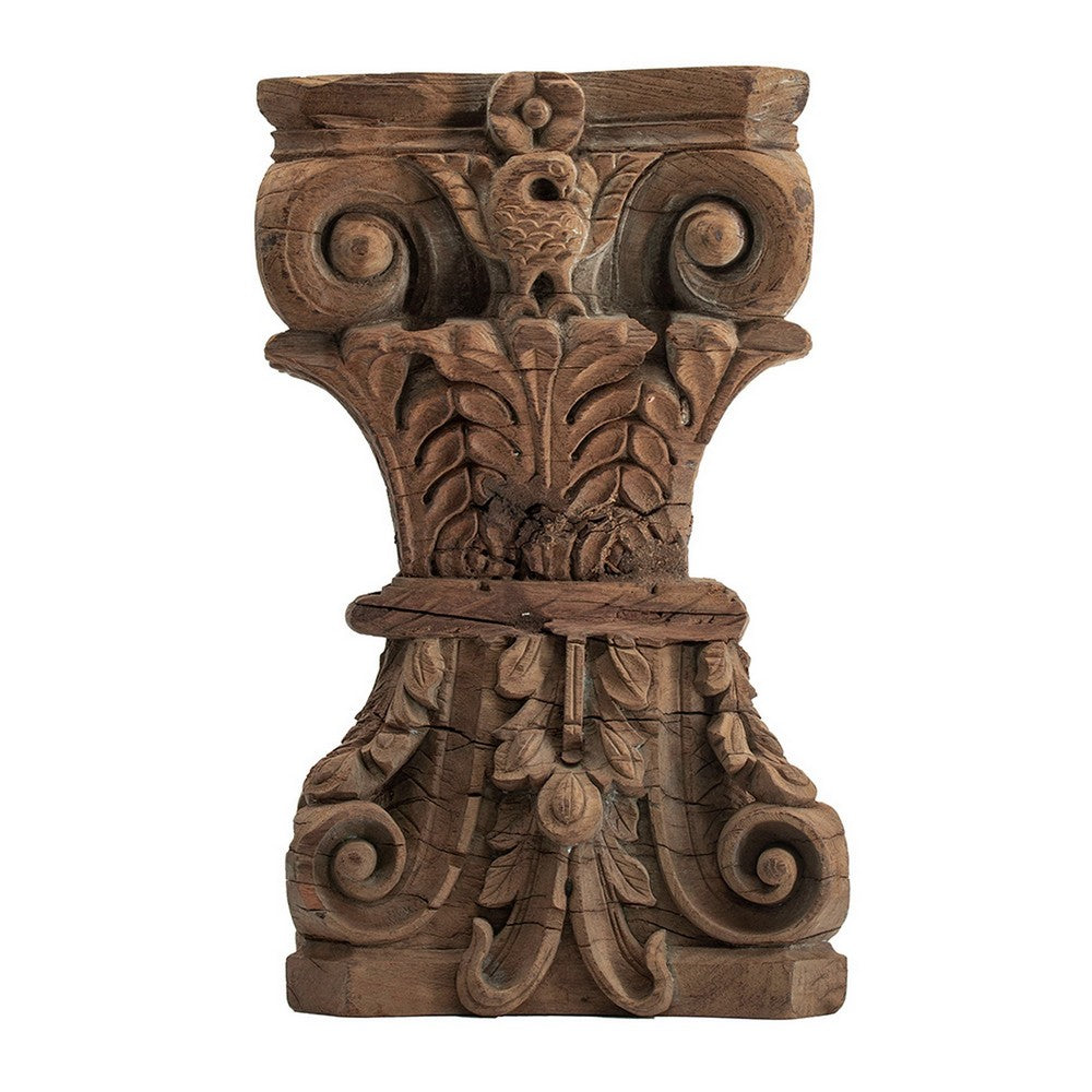 Handcrafted 19 Inch Carved Pillar Accent Stool Table - Traditional Wood Design