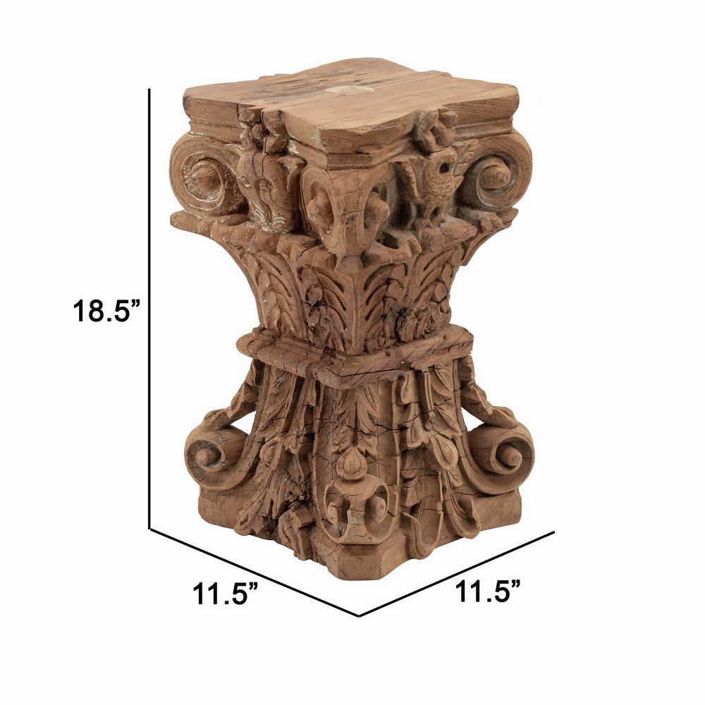 Handcrafted 19 Inch Carved Pillar Accent Stool Table - Traditional Wood Design