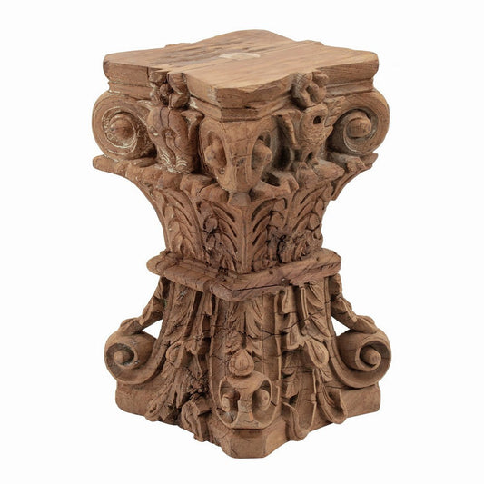 Handcrafted 19 Inch Carved Pillar Accent Stool Table - Traditional Wood Design