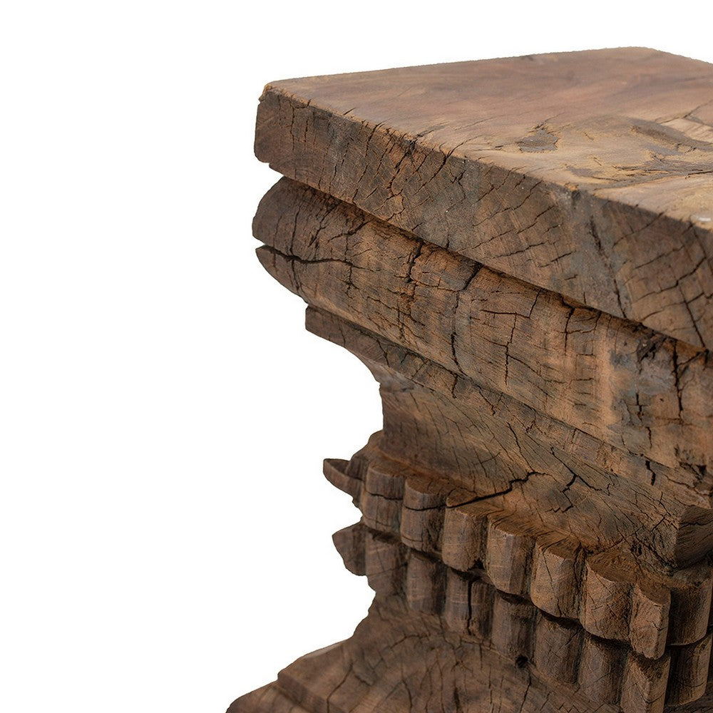 Handcrafted 20 Inch Pillar Pedestal Accent Table with Intricate Carvings - Rustic Brown Finish