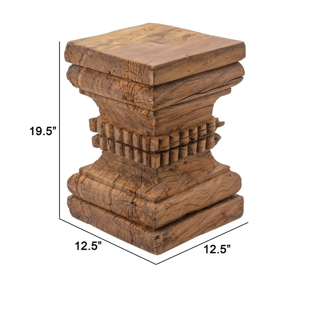 Handcrafted 20 Inch Pillar Pedestal Accent Table with Intricate Carvings - Rustic Brown Finish