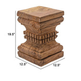 Handcrafted 20 Inch Pillar Pedestal Accent Table with Intricate Carvings - Rustic Brown Finish