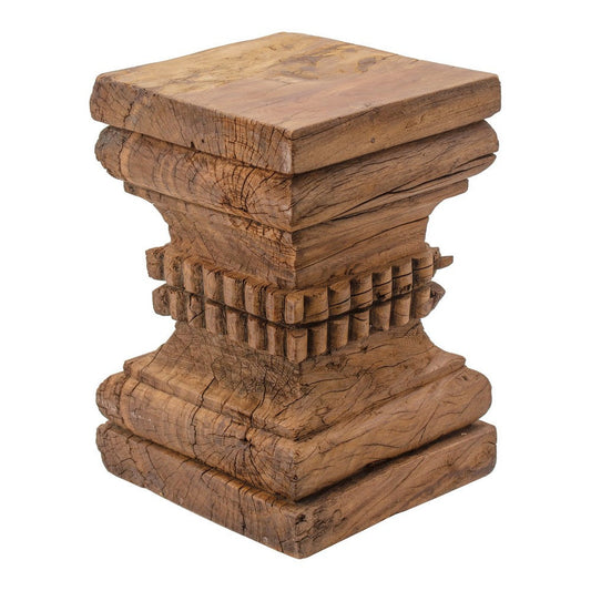 Handcrafted 20 Inch Pillar Pedestal Accent Table with Intricate Carvings - Rustic Brown Finish