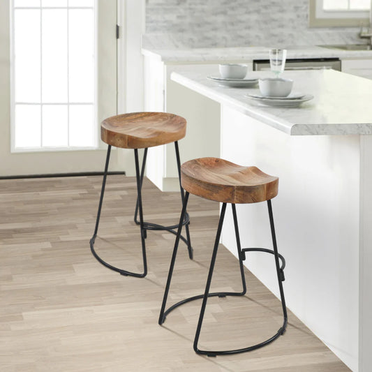 Industrial Counter Height Stool with Mango Wood Saddle Seat and Iron Frame, Brown and Black