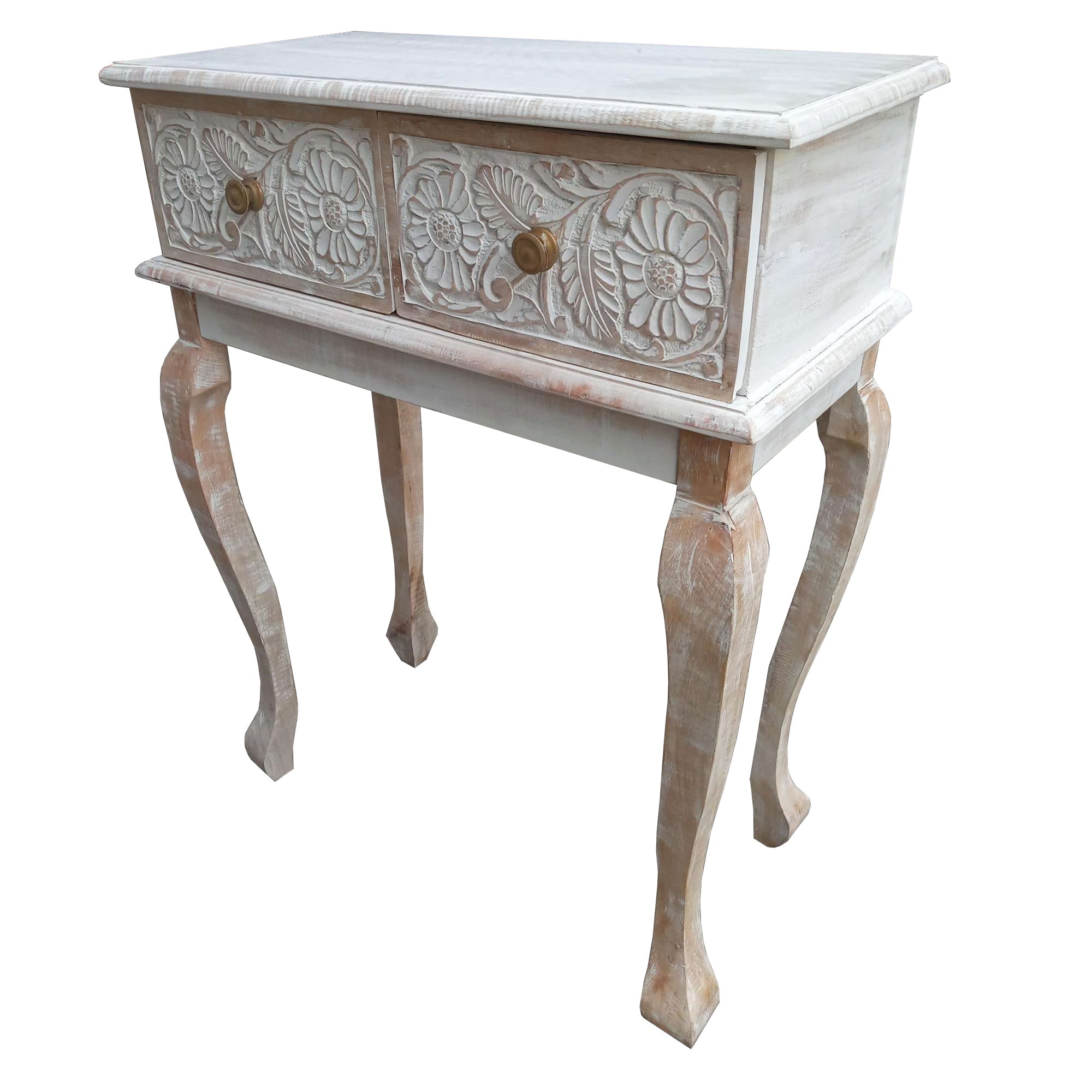 Handcrafted Floral Carved Mango Wood Console Table with Cabriole Legs