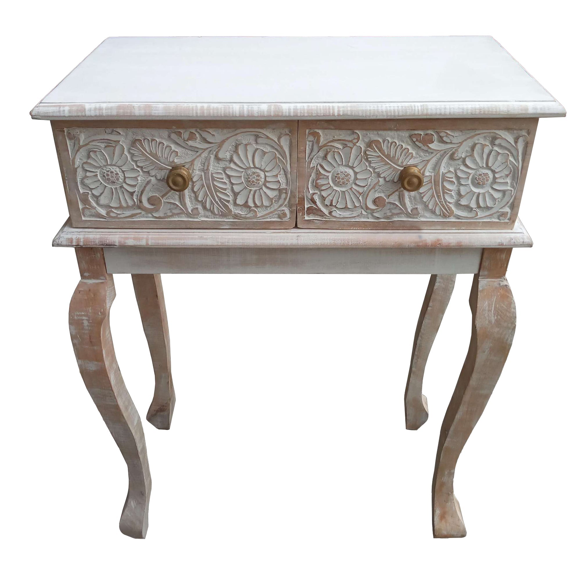 Handcrafted Floral Carved Mango Wood Console Table with Cabriole Legs