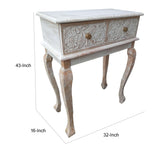 Handcrafted Floral Carved Mango Wood Console Table with Cabriole Legs