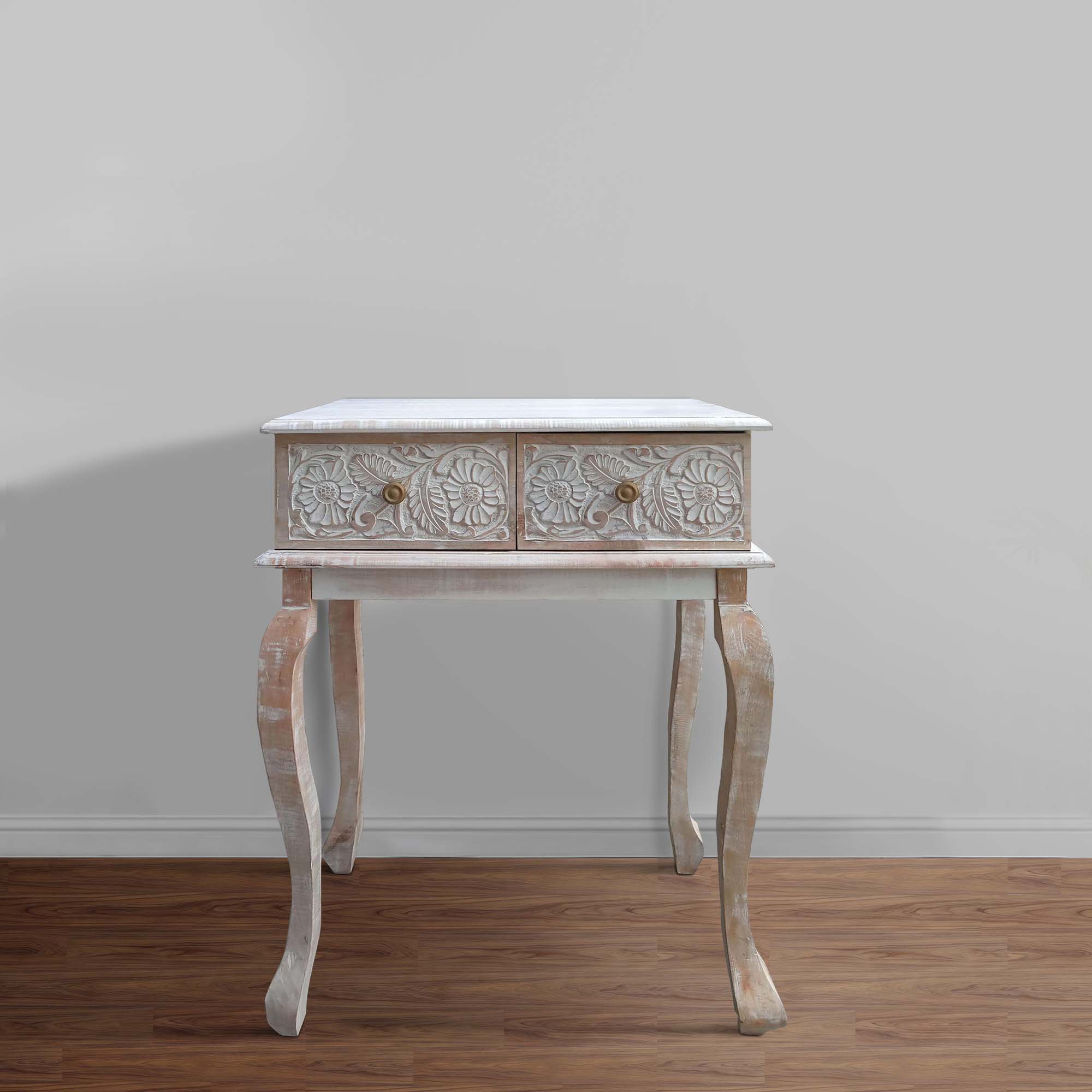 Handcrafted Floral Carved Mango Wood Console Table with Cabriole Legs