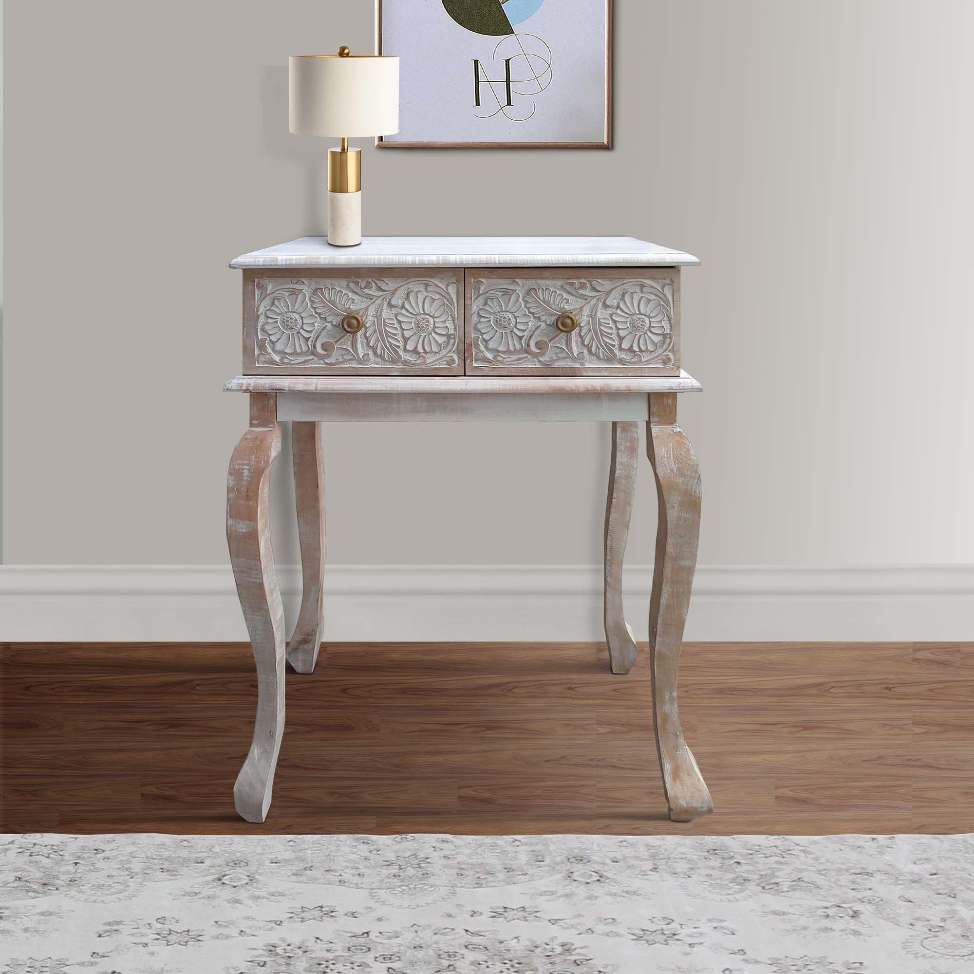 Handcrafted Floral Carved Mango Wood Console Table with Cabriole Legs