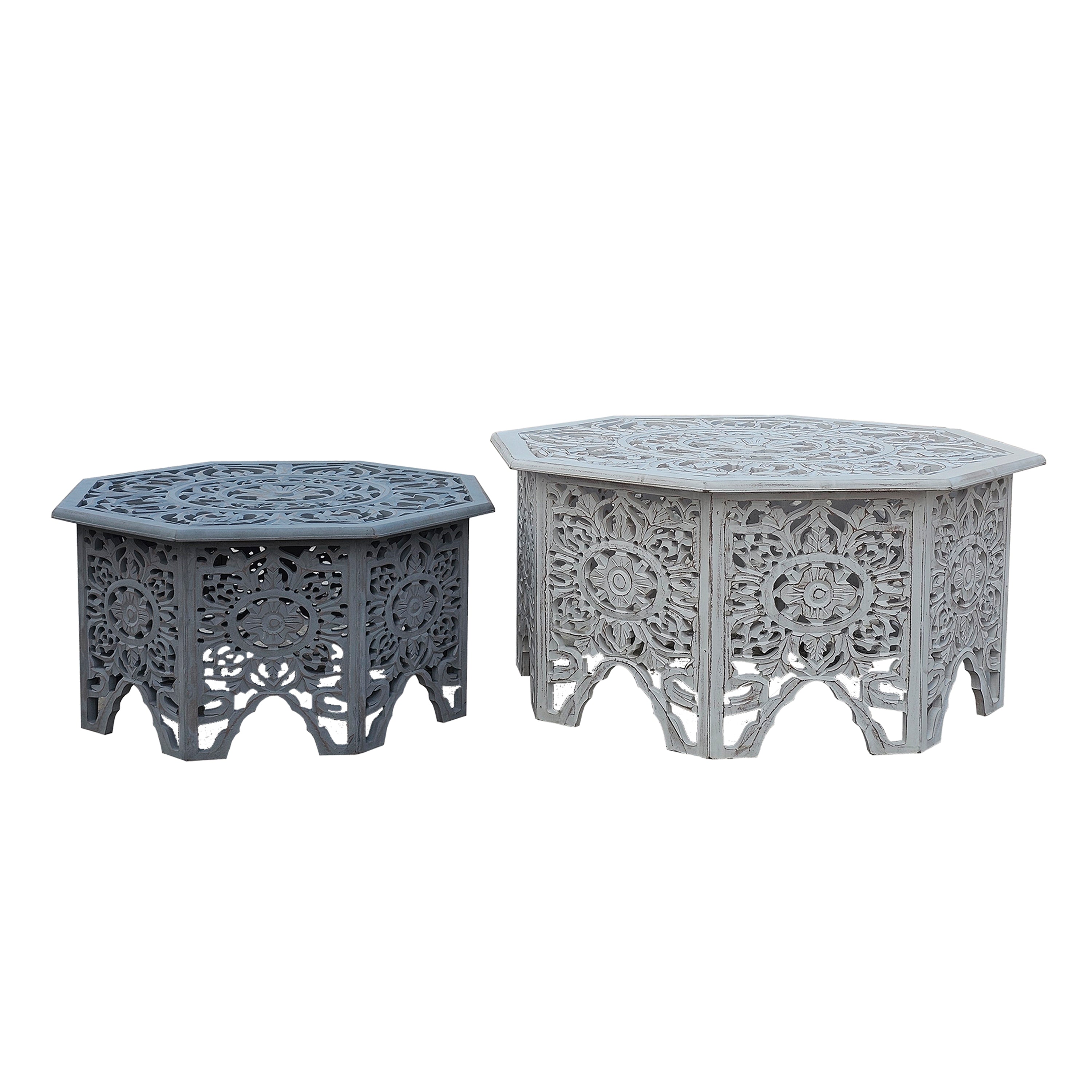 Hand-Carved Floral Nesting Coffee Tables - Set of 2