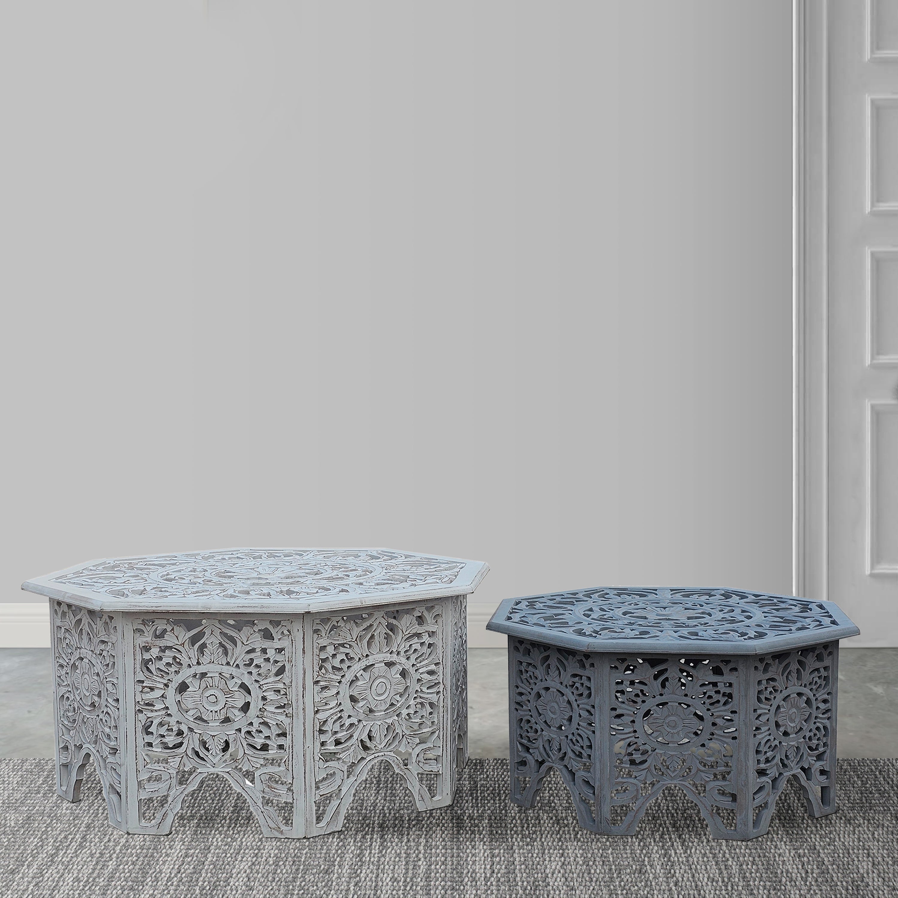 Hand-Carved Floral Nesting Coffee Tables - Set of 2