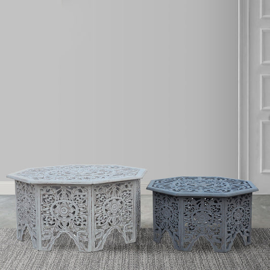 Hand-Carved Floral Nesting Coffee Tables - Set of 2