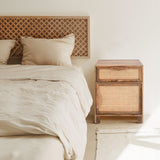 Hand-Crafted Mango Wood and Woven Rattan Nightstand