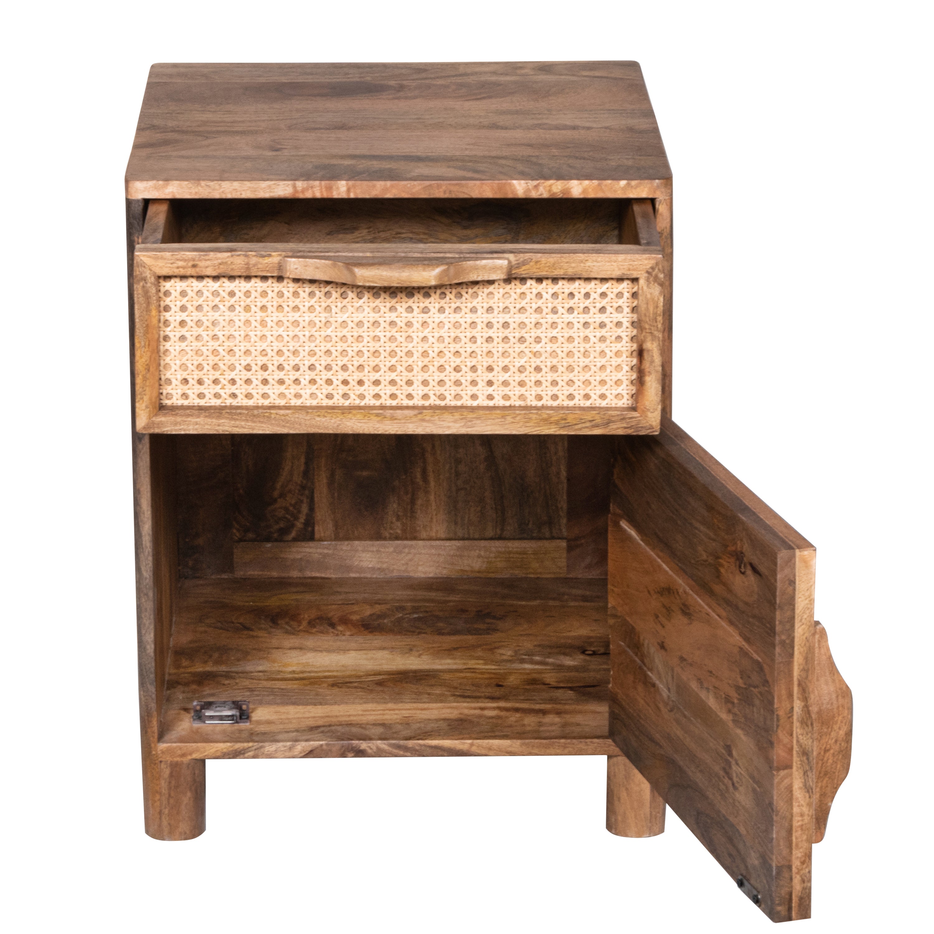 Hand-Crafted Mango Wood and Woven Rattan Nightstand