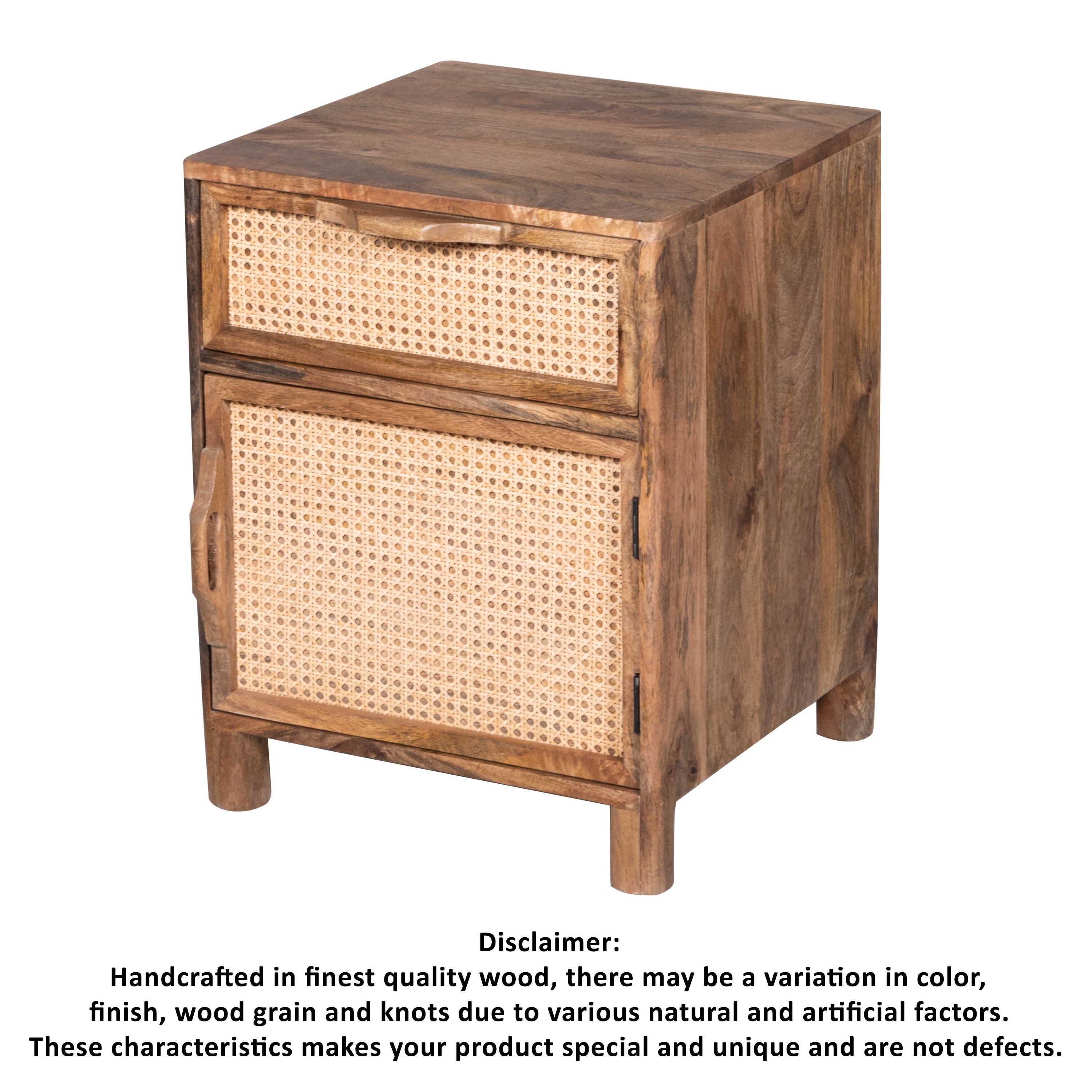 Hand-Crafted Mango Wood and Woven Rattan Nightstand