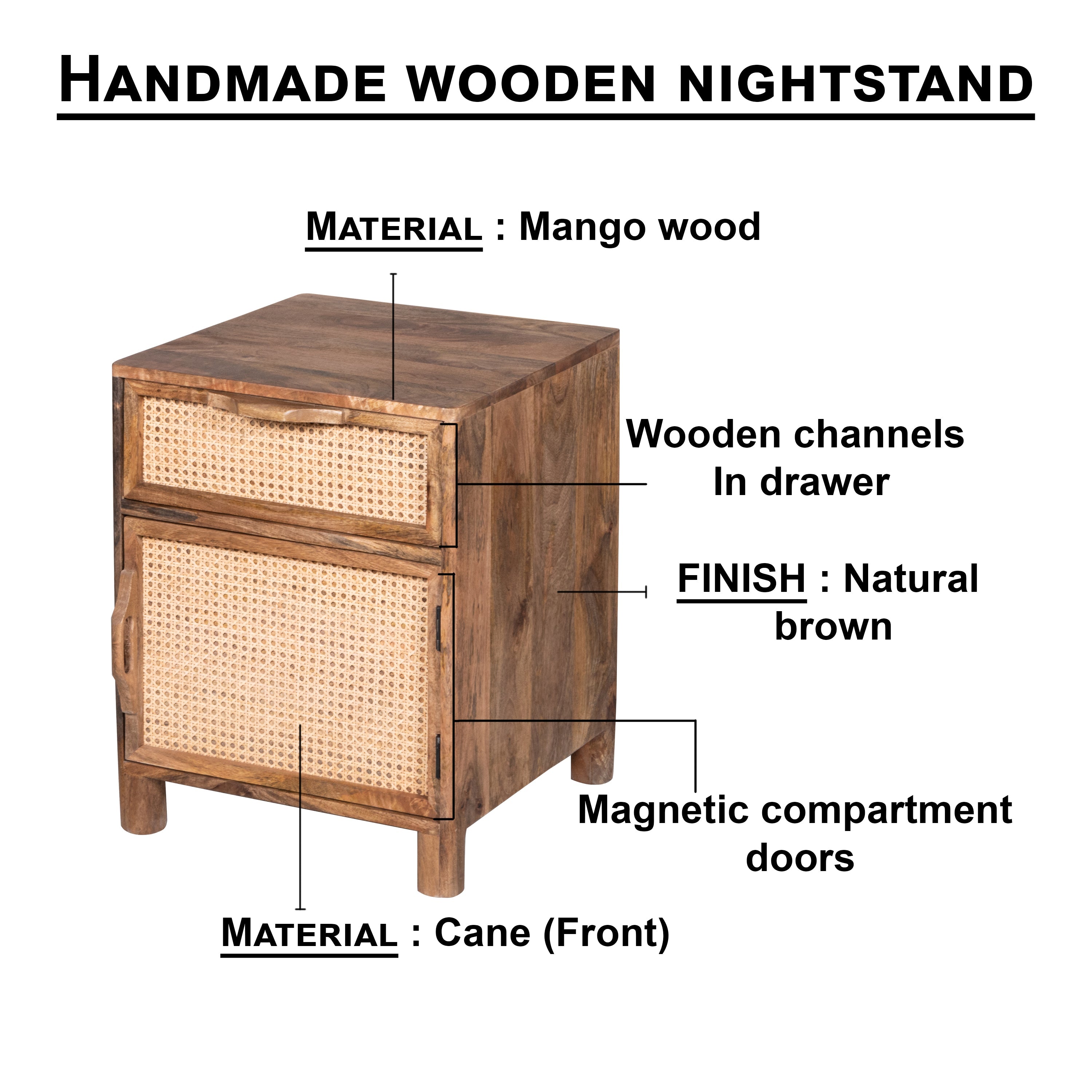 Hand-Crafted Mango Wood and Woven Rattan Nightstand