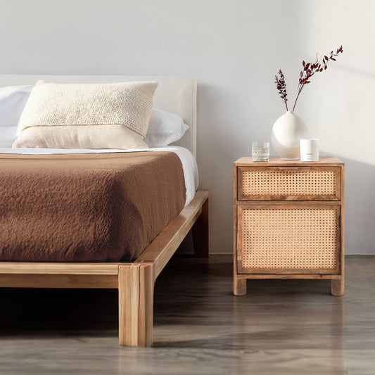 Hand-Crafted Mango Wood and Woven Rattan Nightstand