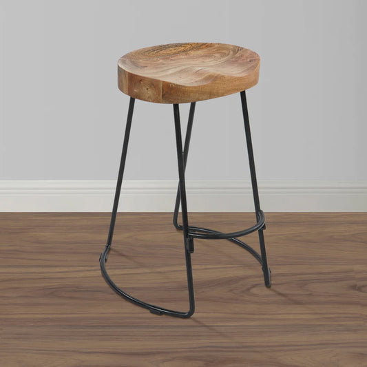 Industrial Counter Height Stool with Mango Wood Saddle Seat and Iron Frame, Brown and Black