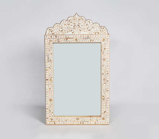 Hand-Carved White Floral Inlay Wall Mirror - India Collection